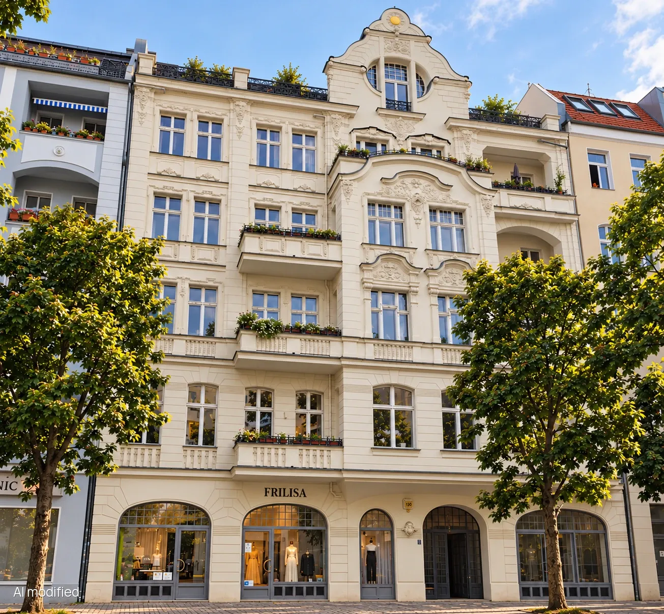 Building at Uhlandstraße 130 in Berlin-Wilmersdorf, home to ÄTELIER by FRILISA on the ground floor, AI modified